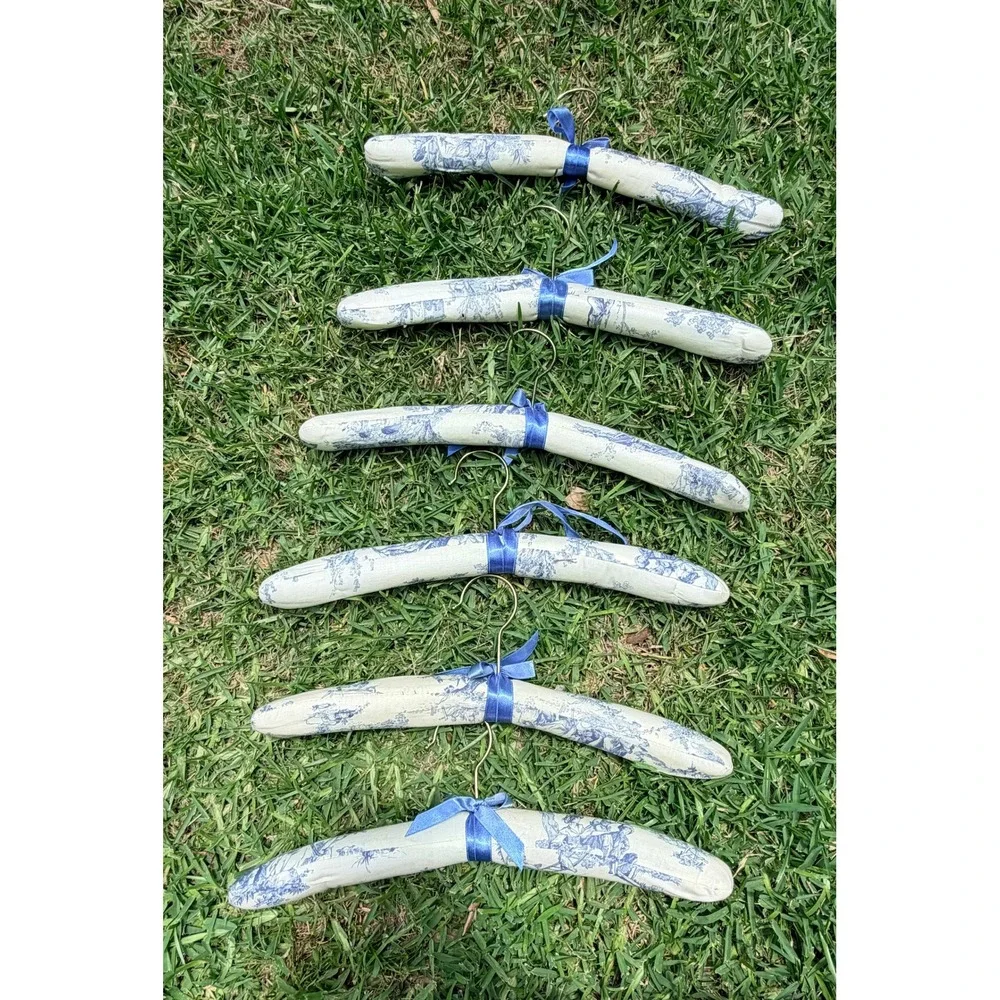 Vintage Style Blue Toile Padded Clothes Hangers Set of 6 French Country Bows